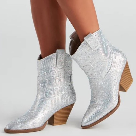Shoes - New Women Silver Blingy Rhinestone Cowboy Western Ankle Boots Booties